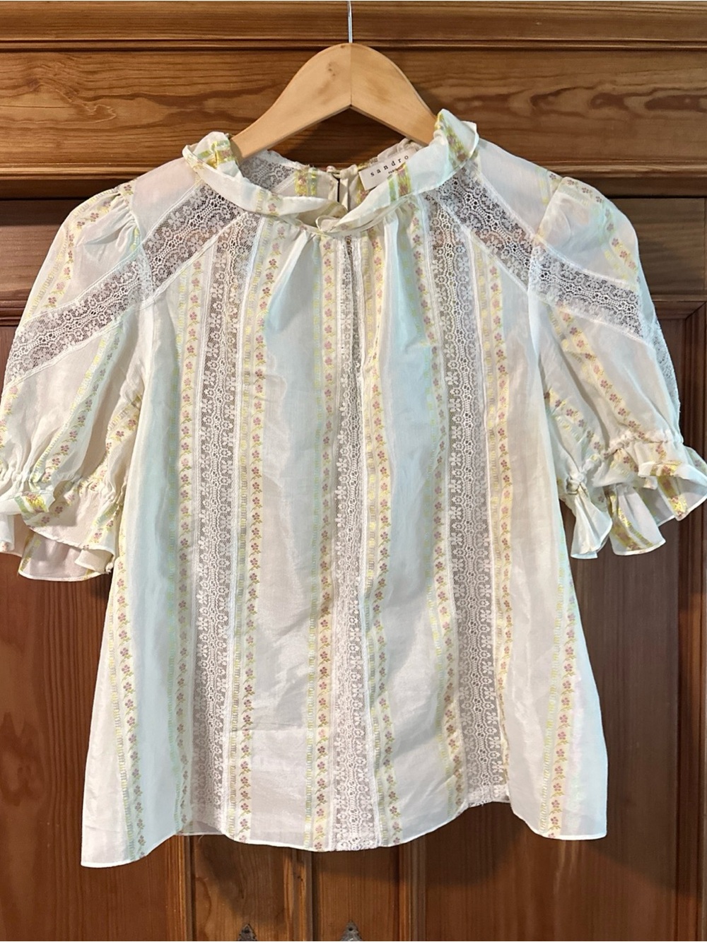Sandro Paris Rosane Floral Stripe Ruffle-Neck Blouse - Cream size 2 - Picture 2 of 14